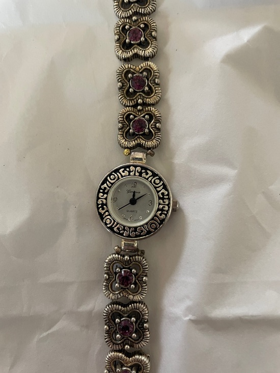 Jewelry - Silver-Tone Floral Link Watch with Pink Stones - Brighton Style!